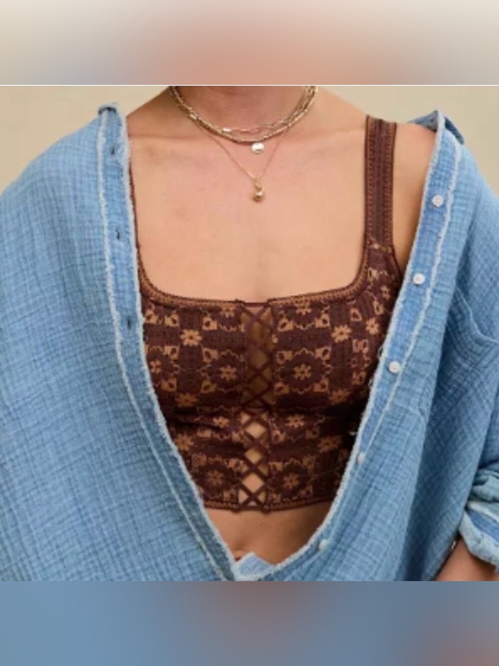 aerie Brown and Tan Crochet Lace-Up Bralette Camisole